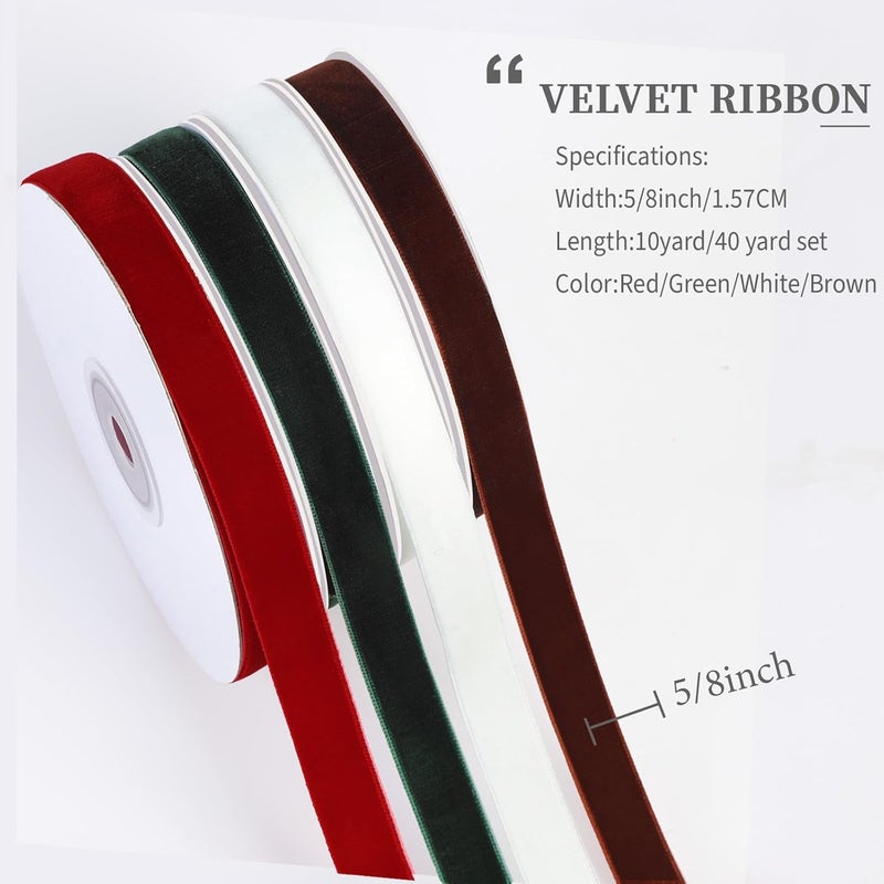 YANGTE 4 Colors Christmas Ribbon Set, 5/8" x 40Yard Premium Velvet Ribbon for Gift Wrapping, Christmas Tree Ornaments Handmade Crafts Bow Making（Red,Green,White,Brown） - Image 4